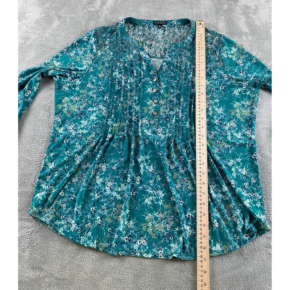 Ava & Grace Womens XL Teal Floral Pintuck Lace Yoke 3/4 Roll Tab Sleeve Blouse - Picture 8 of 14